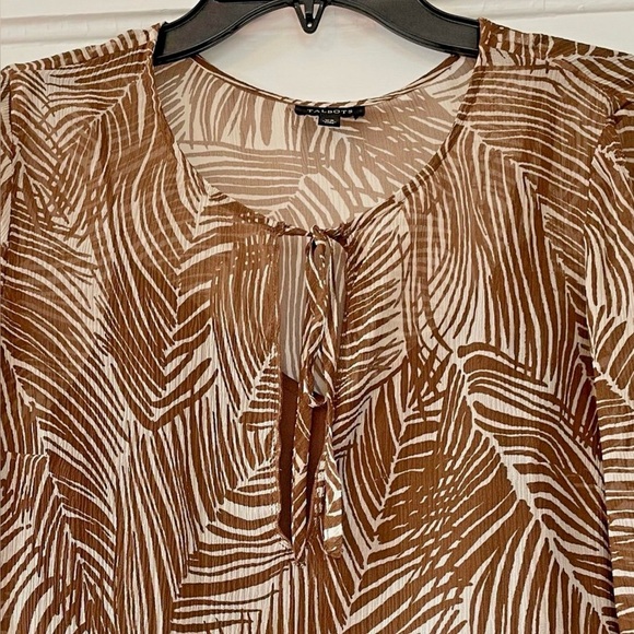 Talbots 100% Silk Brown Print Blouse XS Tie Neck Sheer Top w/ Camisole - Picture 2 of 11